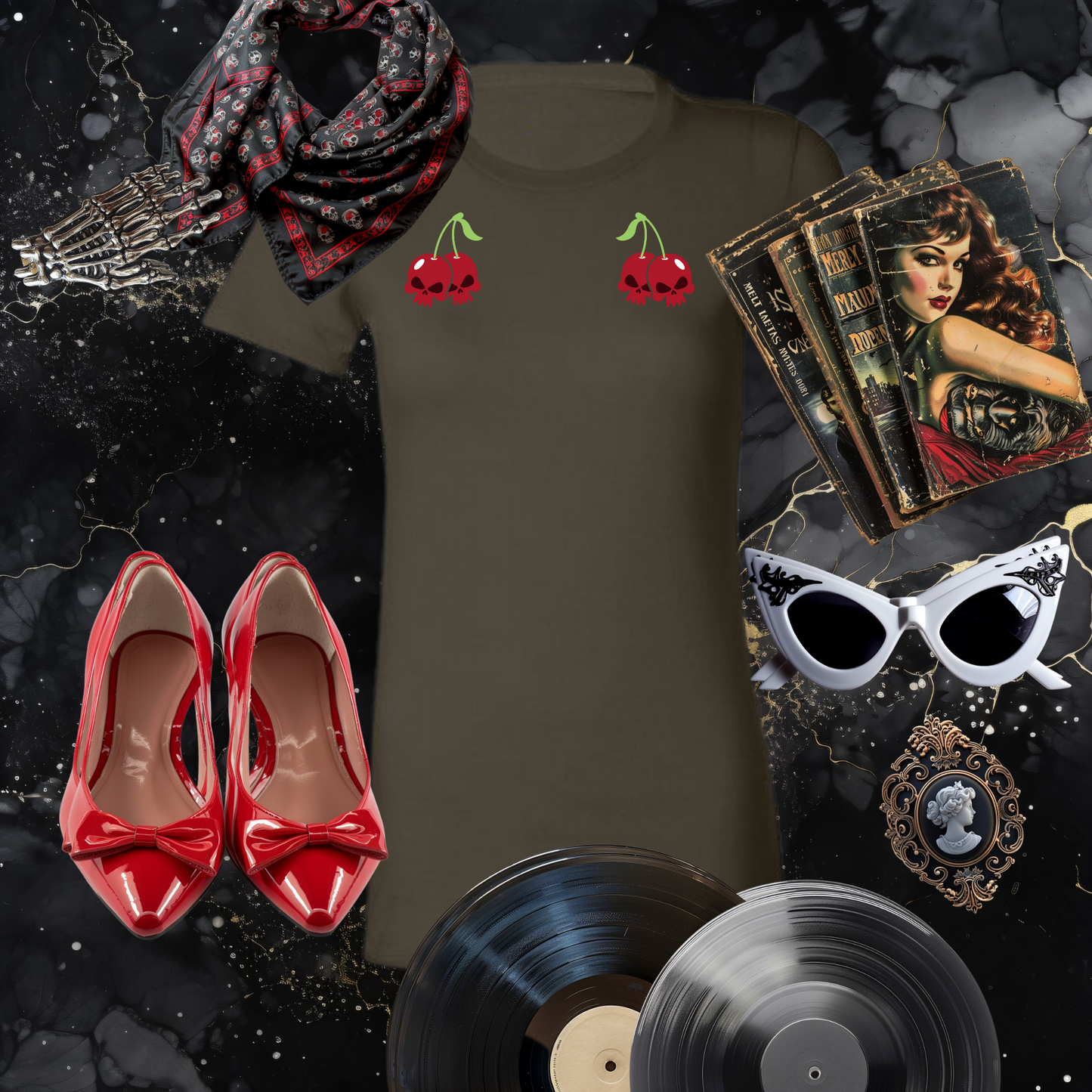 Cherry Skulls Gothabilly Tee
