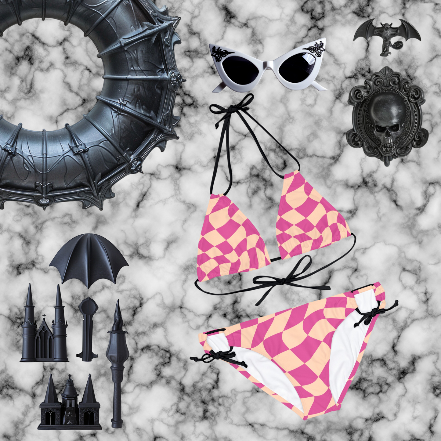 Pink Psychedelic Checkerboard Strappy Bikini Set