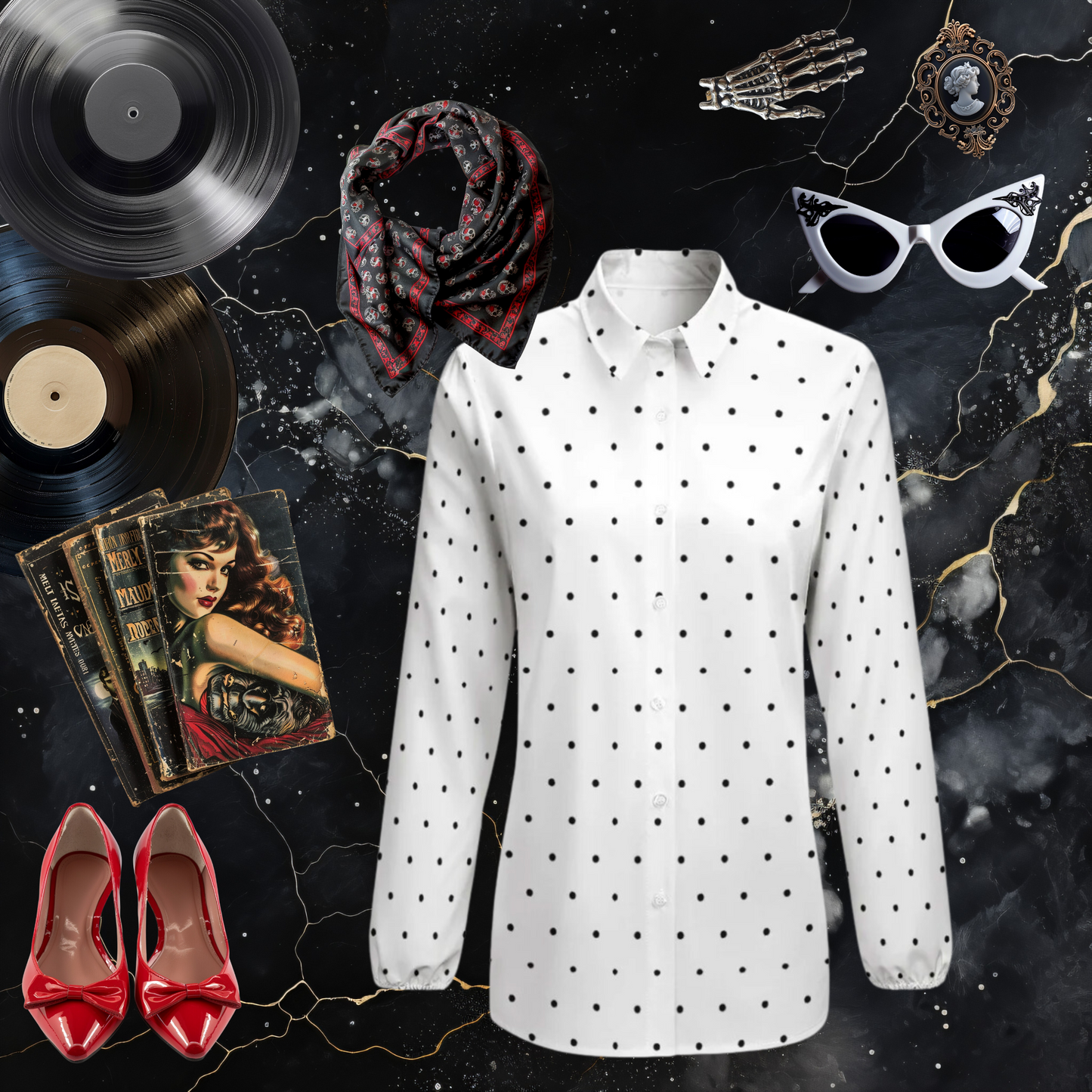 Black Polk-a-Dot Long-Sleeve Blouse