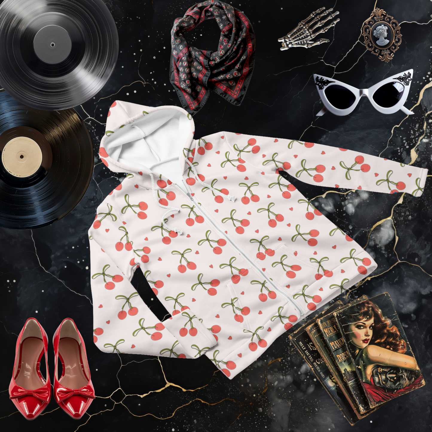 Y2K Coquette Cherries Zip Hoodie