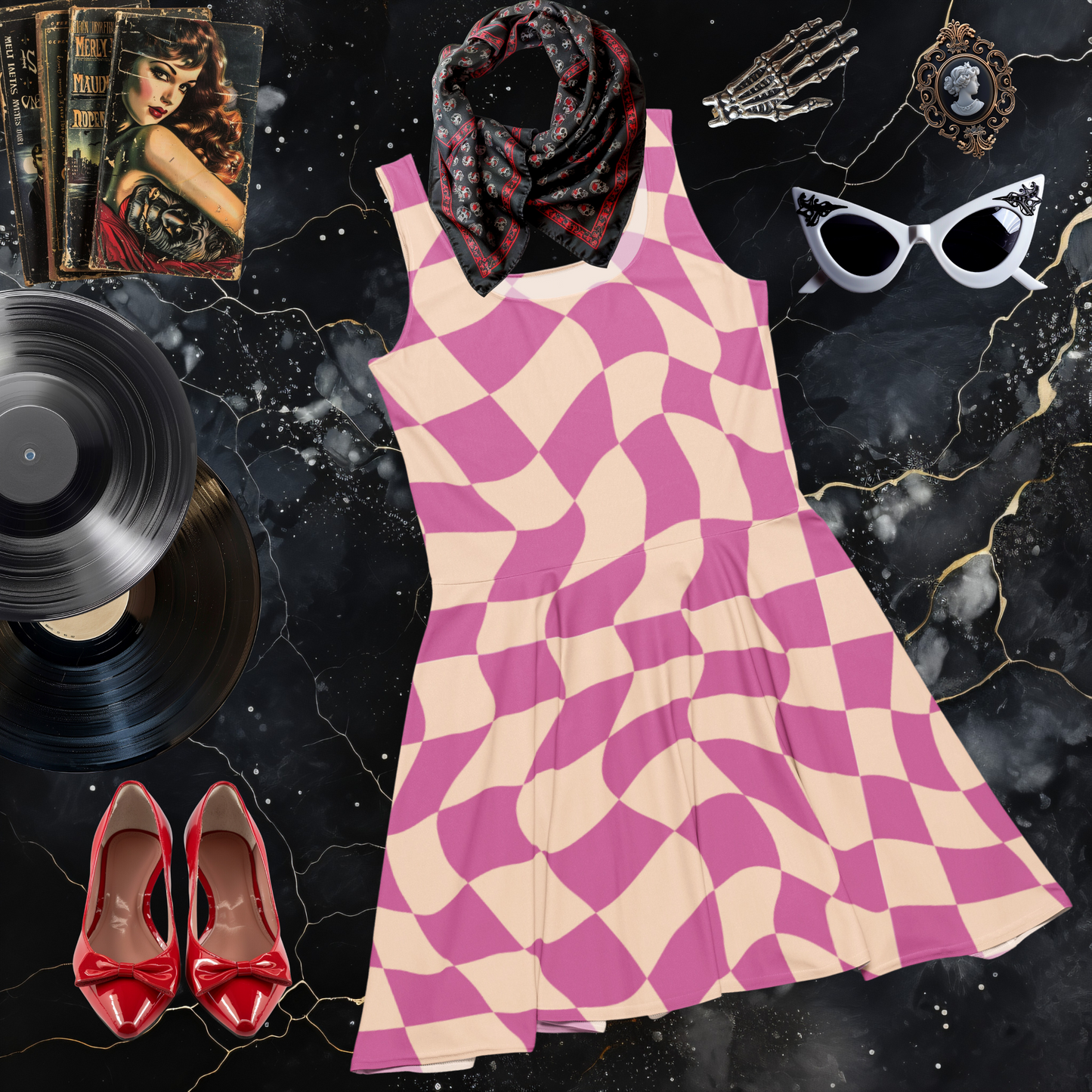 Pink Psychedelic Checkerboard Skater Dress