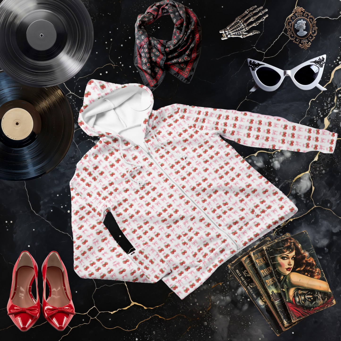 Strawberry Coquette Zip Hoodie