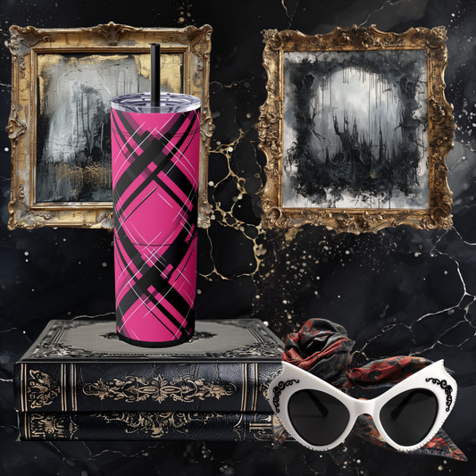 Magenta Plaid Tumbler with Straw, 20oz