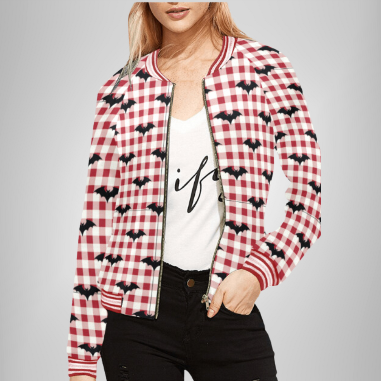Gothic Gingham Bat Charm Varsity Jacket