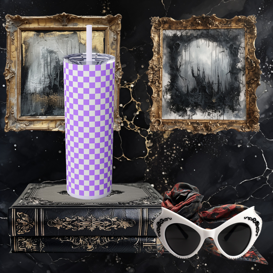 Purple Checkerboard Tumbler with Straw, 20oz