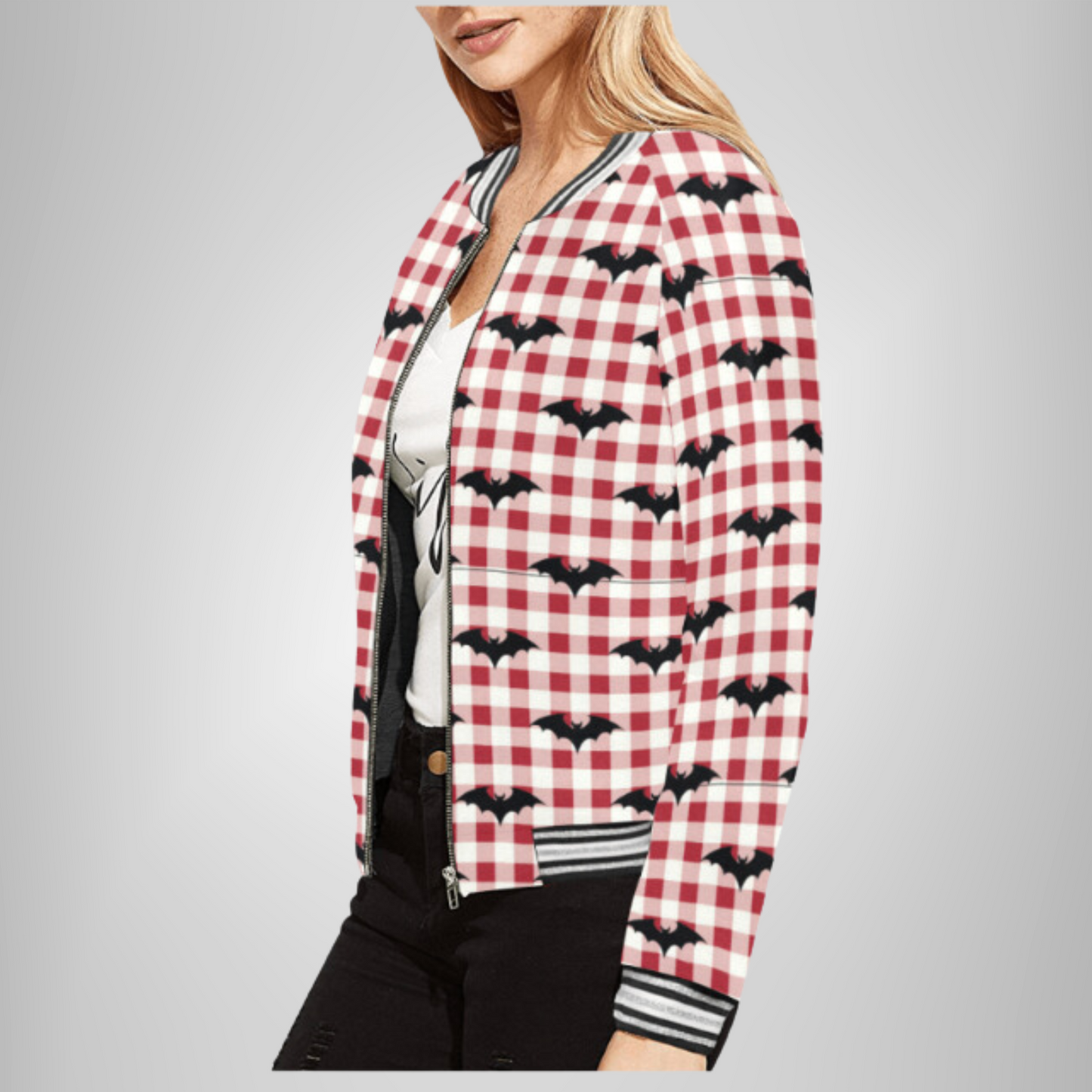 Gothic Gingham Bat Charm Varsity Jacket