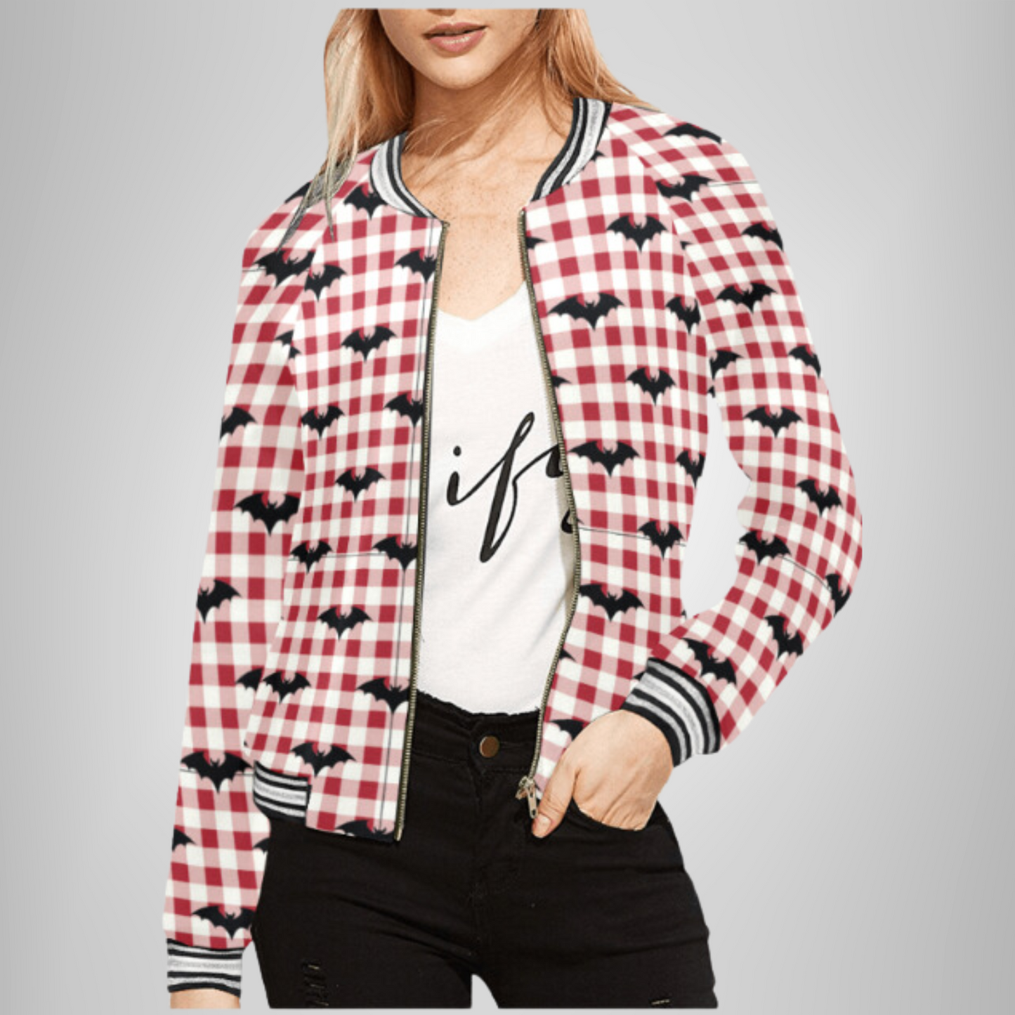 Gothic Gingham Bat Charm Varsity Jacket