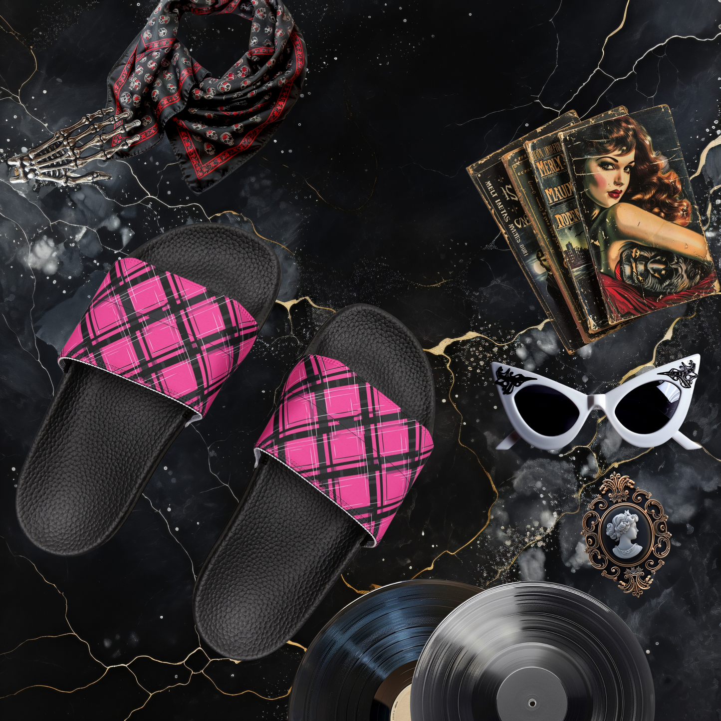 Magenta Plaid Women's Slide Sandals