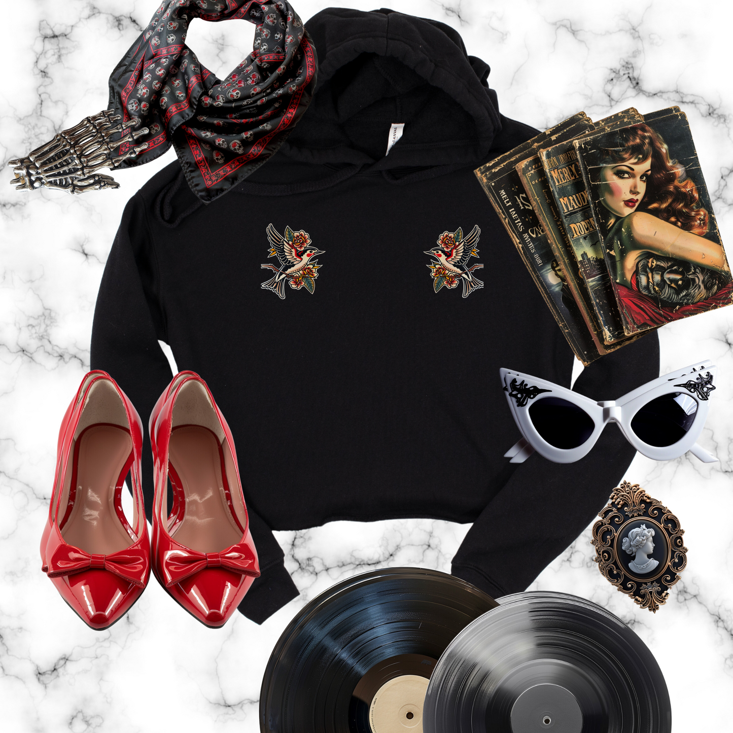 Swallow Tattoo Cropped Hooded Sweatshirt