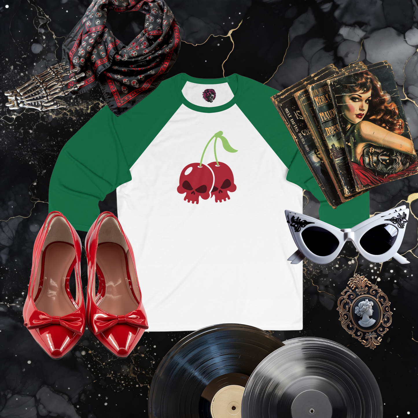 Cherry Skulls Gothabilly 3\4 Sleeve Baseball Tee