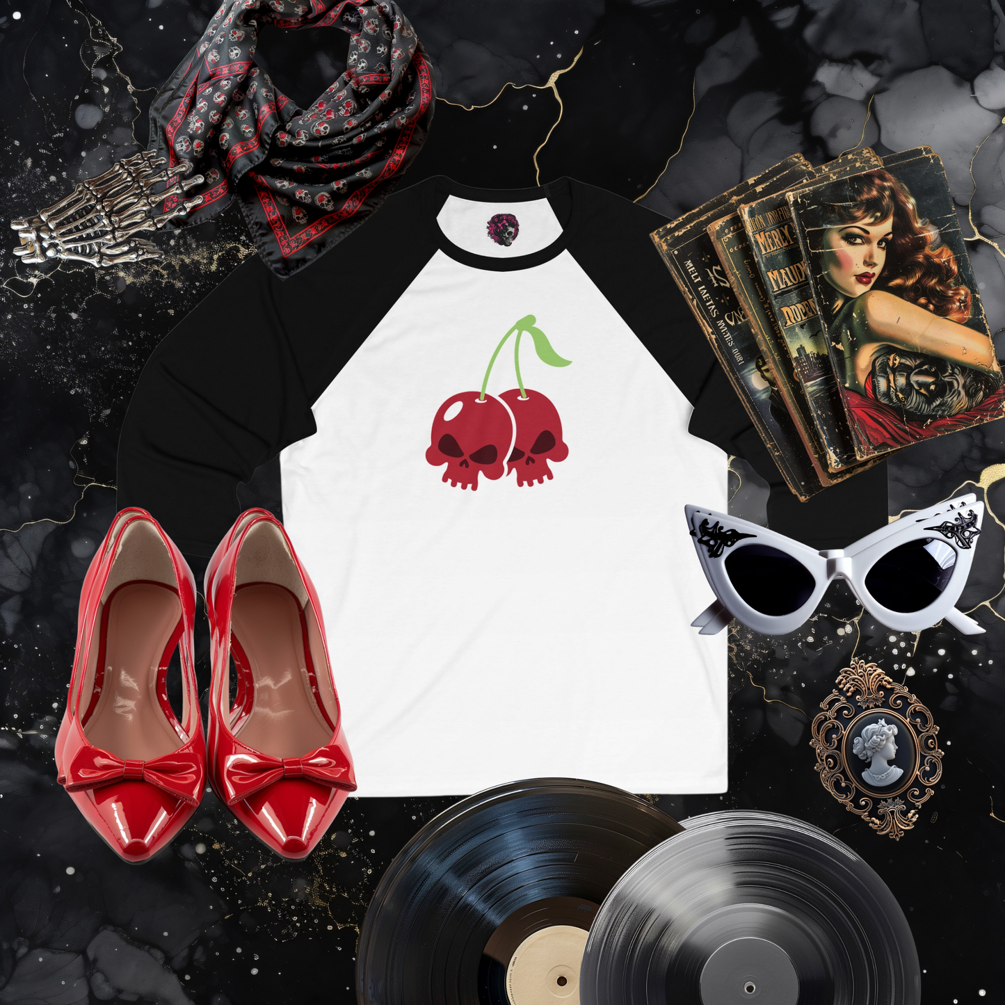 Cherry Skulls Gothabilly 3\4 Sleeve Baseball Tee