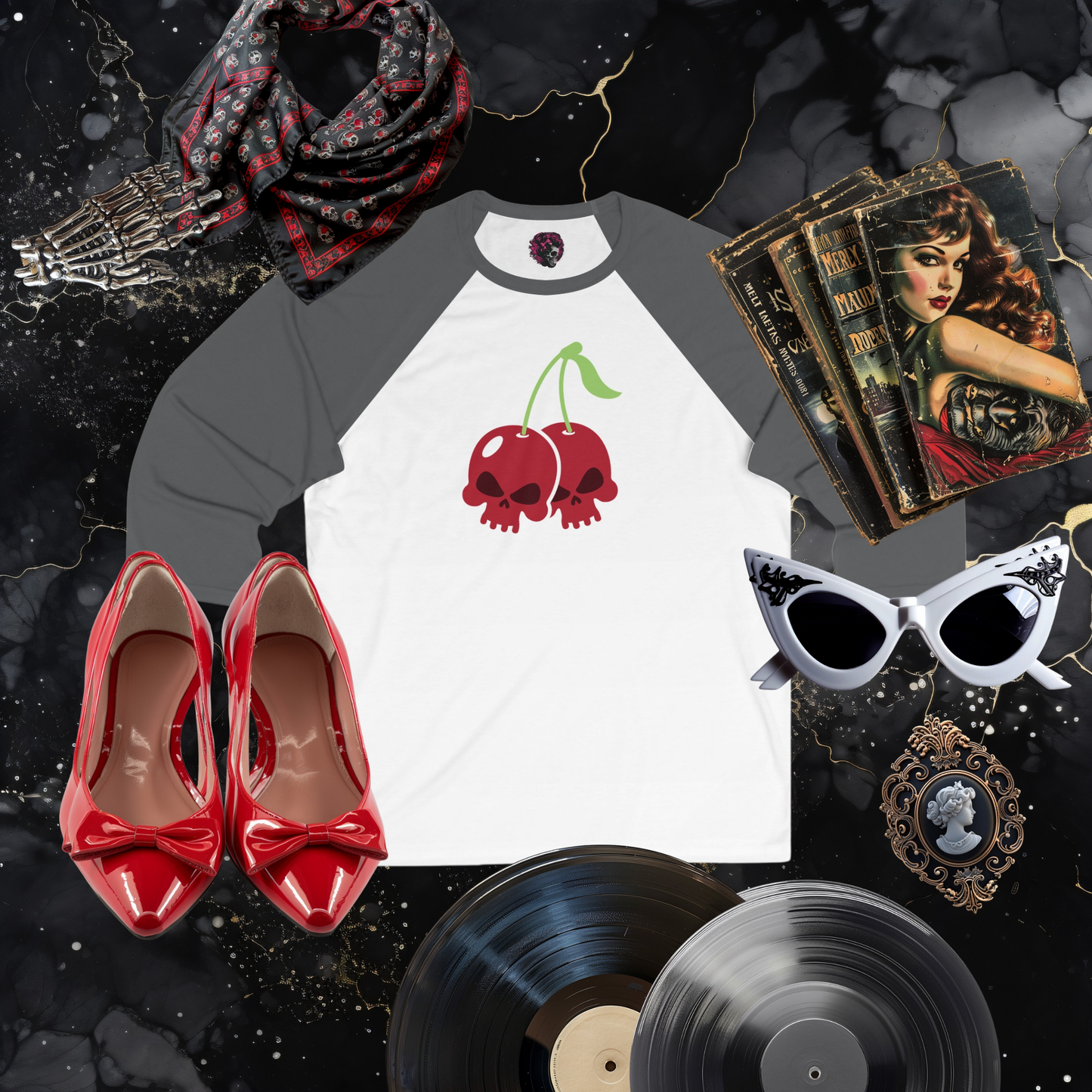 Cherry Skulls Gothabilly 3\4 Sleeve Baseball Tee