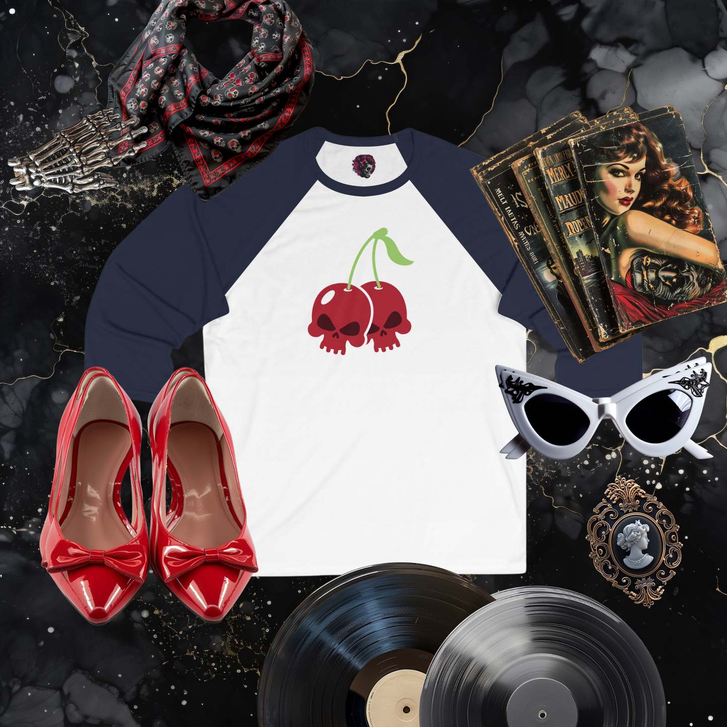 Cherry Skulls Gothabilly 3\4 Sleeve Baseball Tee