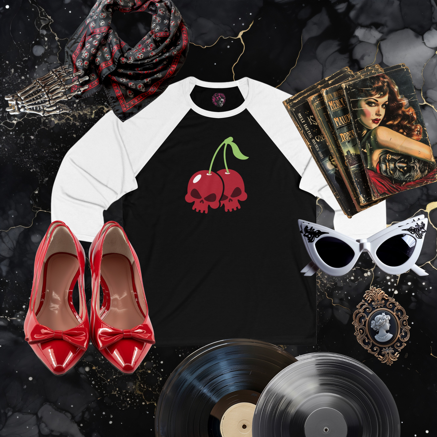 Cherry Skulls Gothabilly 3\4 Sleeve Baseball Tee