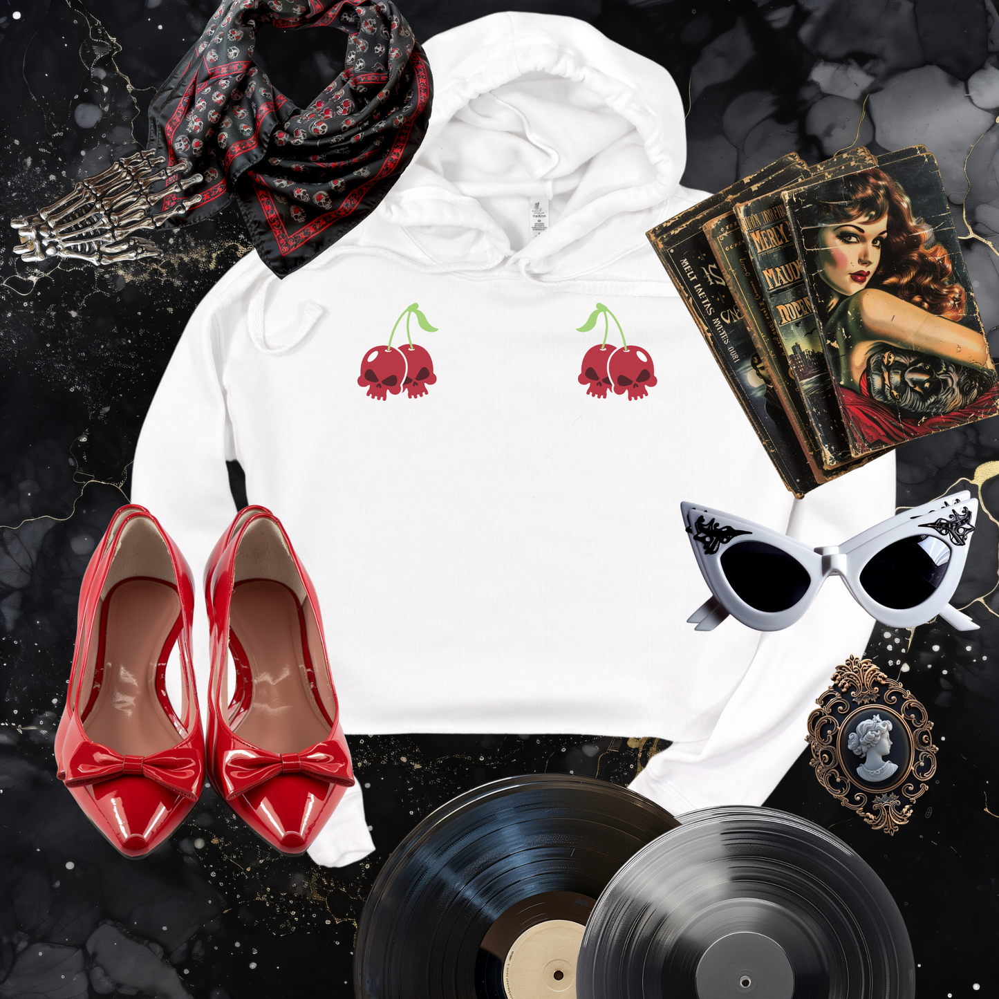 Cherry Skulls Gothabilly Cropped Hooded Sweatshirt