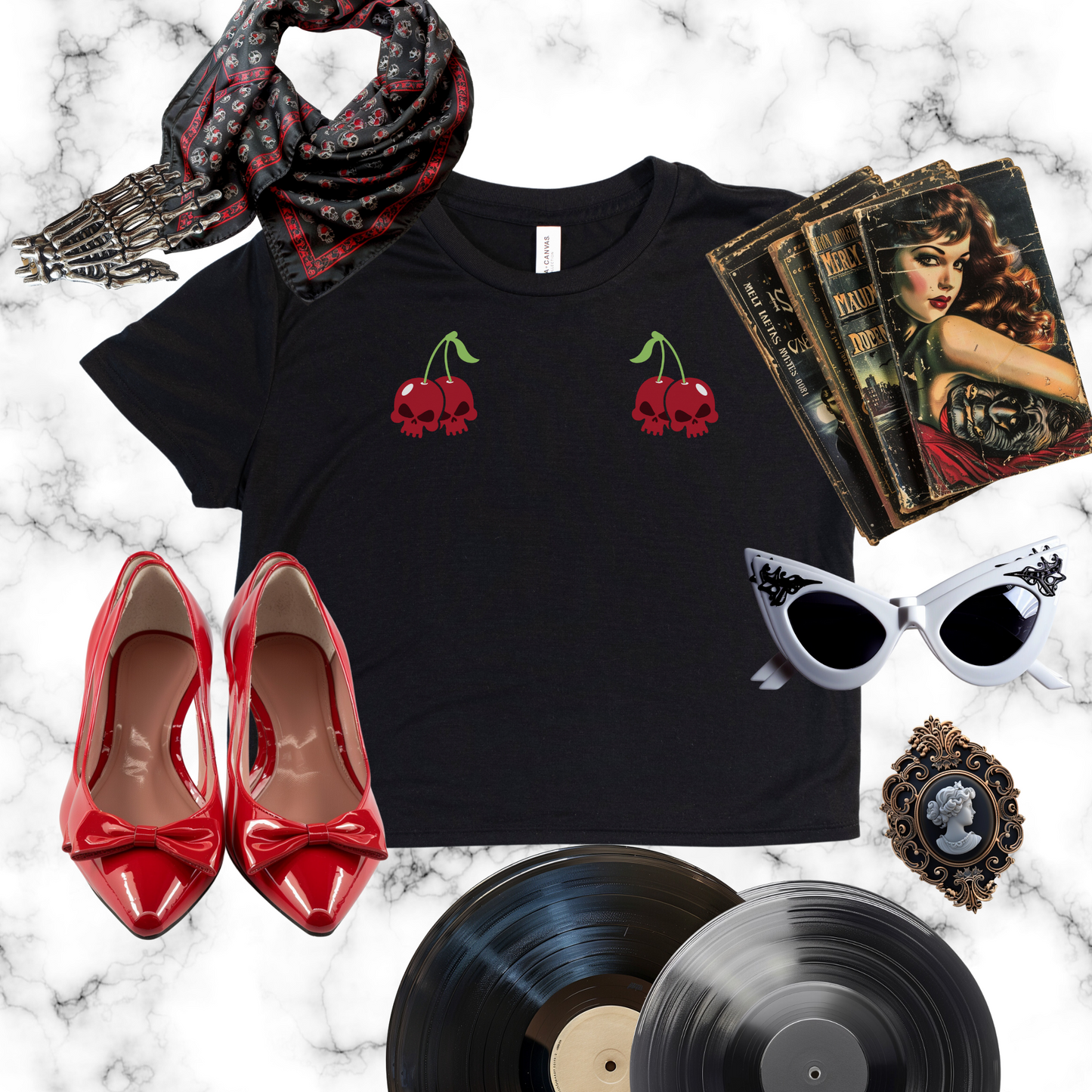 Cherry Skulls Gothabilly Flowy Cropped Tee