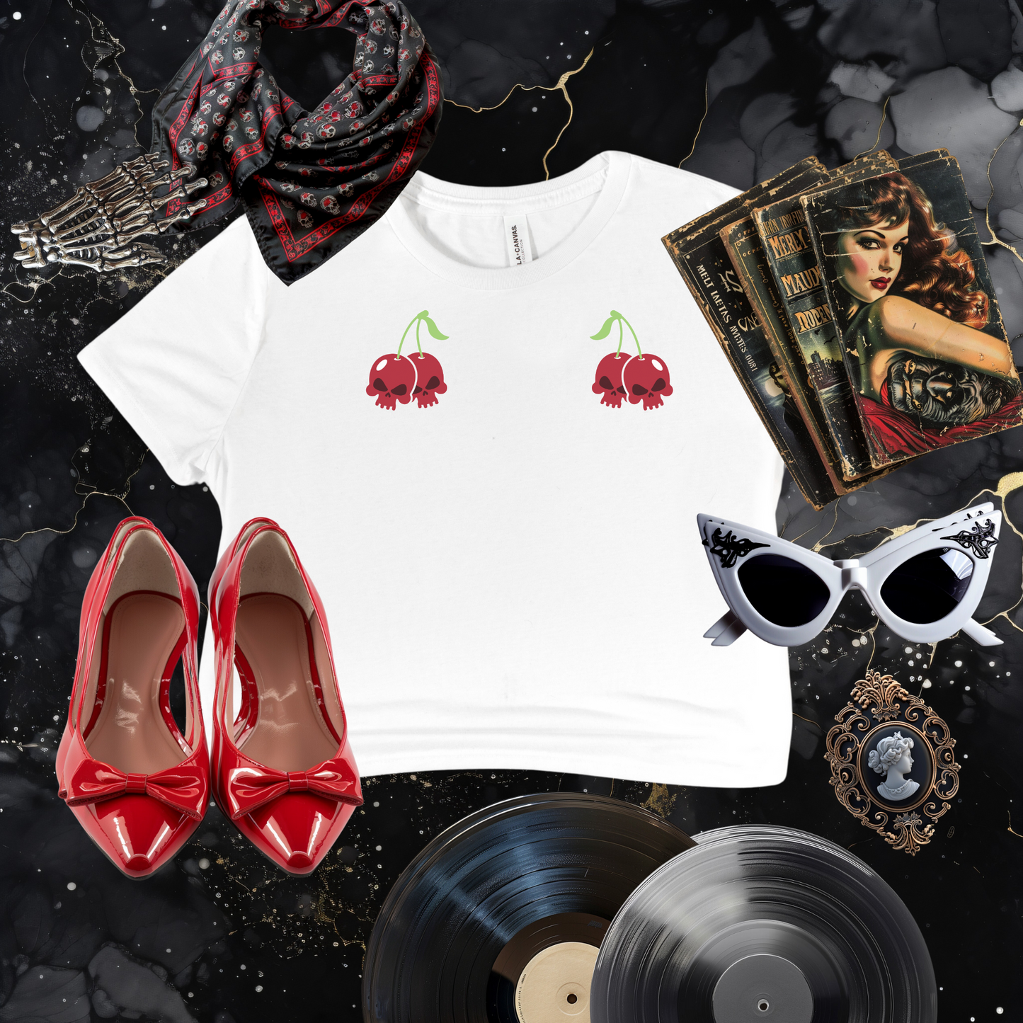 Cherry Skulls Gothabilly Flowy Cropped Tee