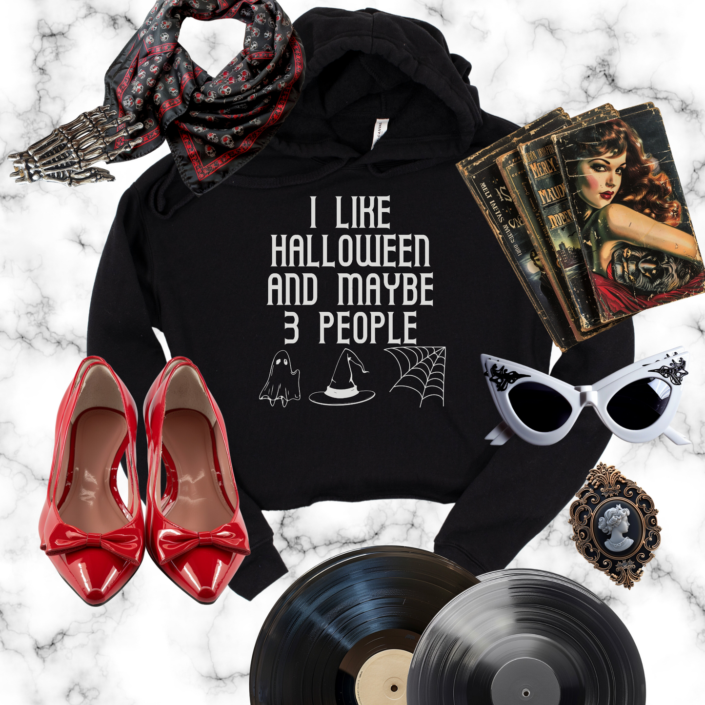 I Like Halloween and Maybe 3 People Cropped Hooded Sweatshirt