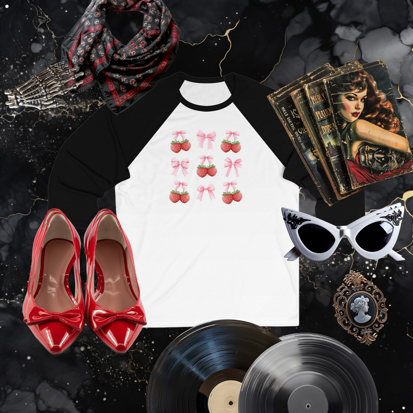 Strawberry Coquette 3\4 Sleeve Baseball Tee