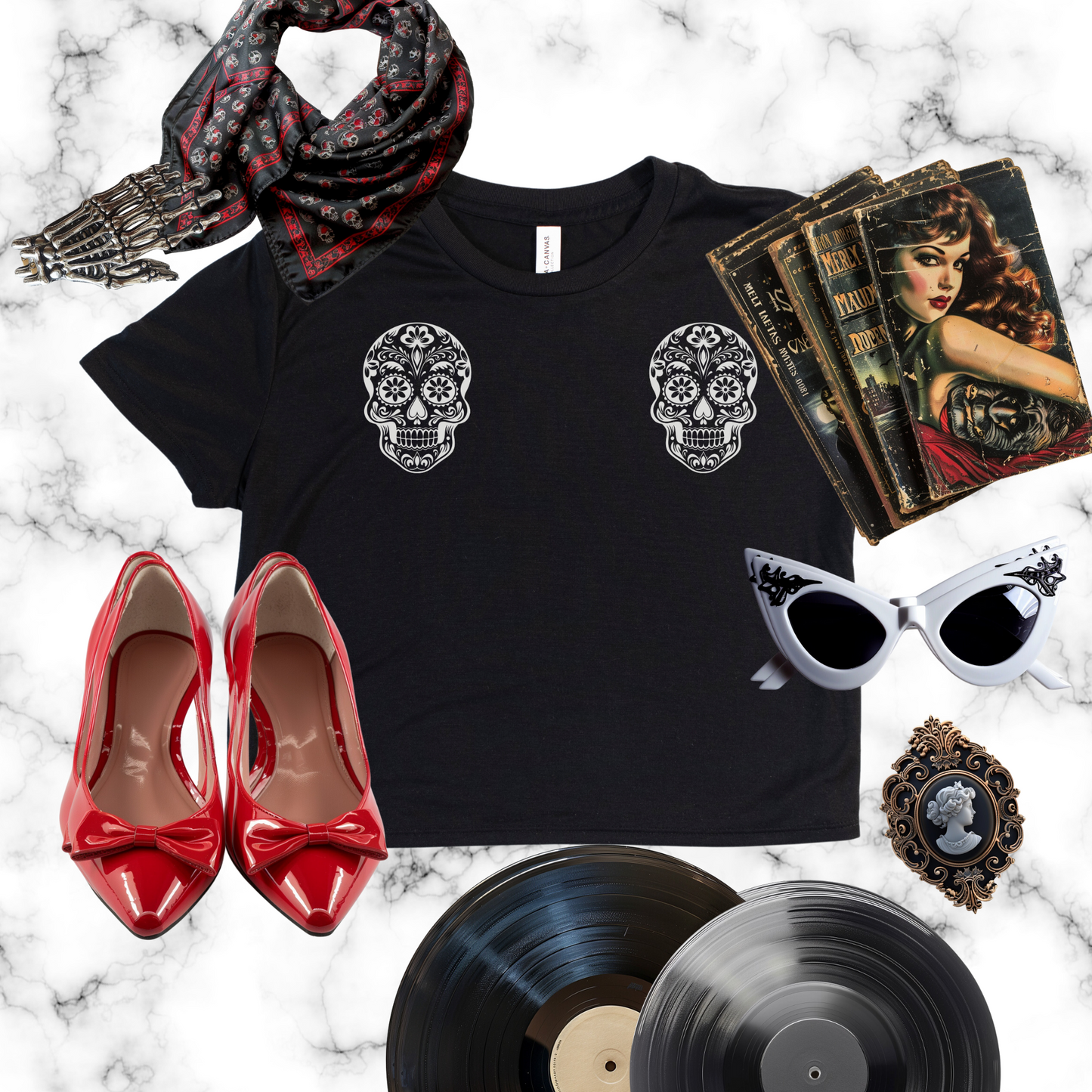 Sugar Skull Flowy Cropped Tee
