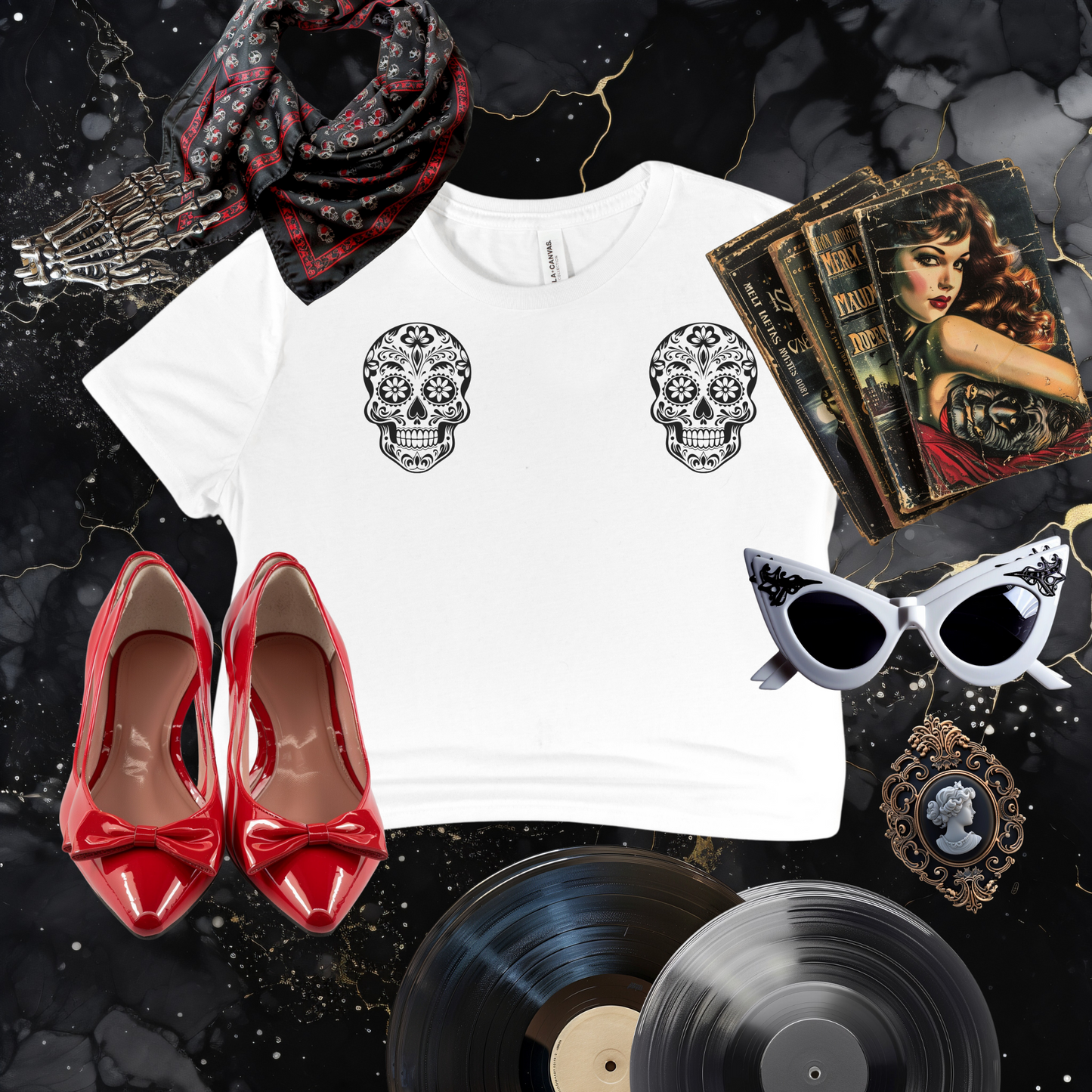 Sugar Skull Flowy Cropped Tee