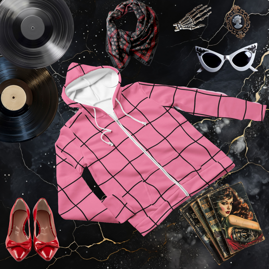 Y2K Pink and Black Grid Zip Hoodie