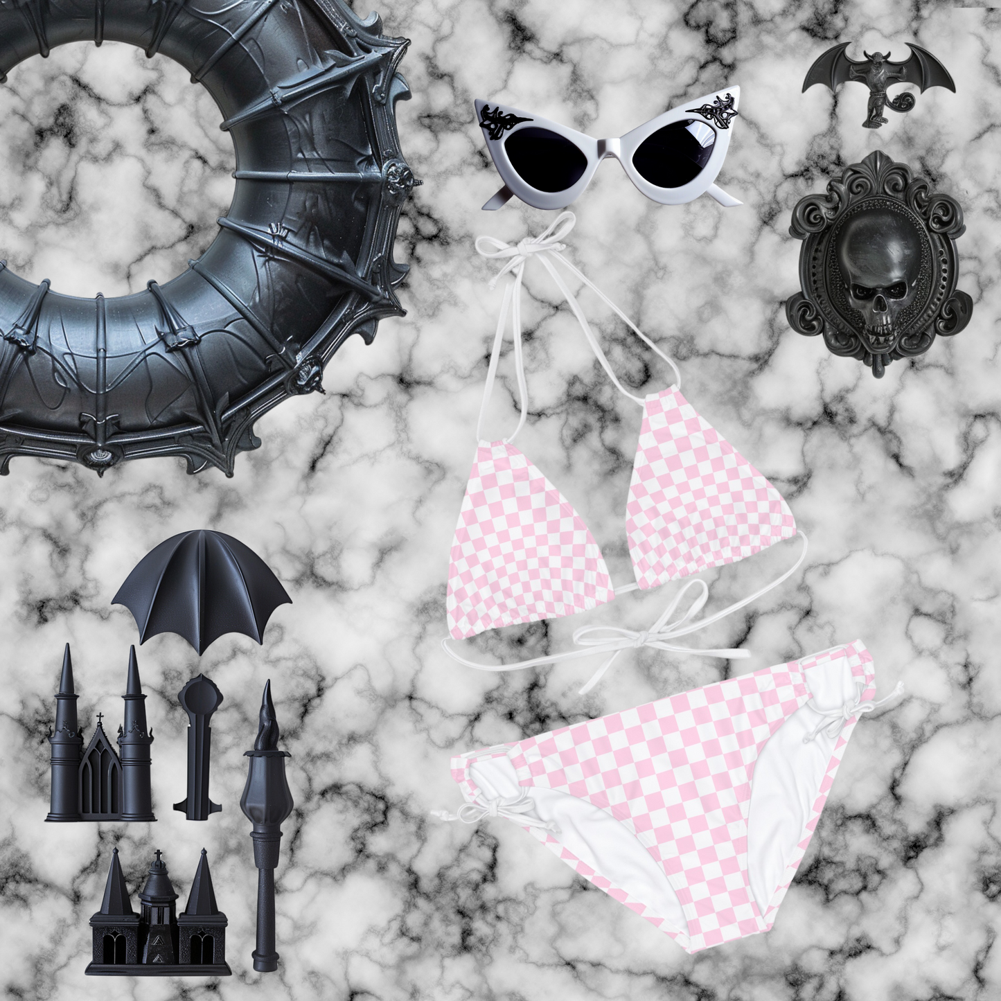 Pink and White Checkerboard Strappy Bikini Set
