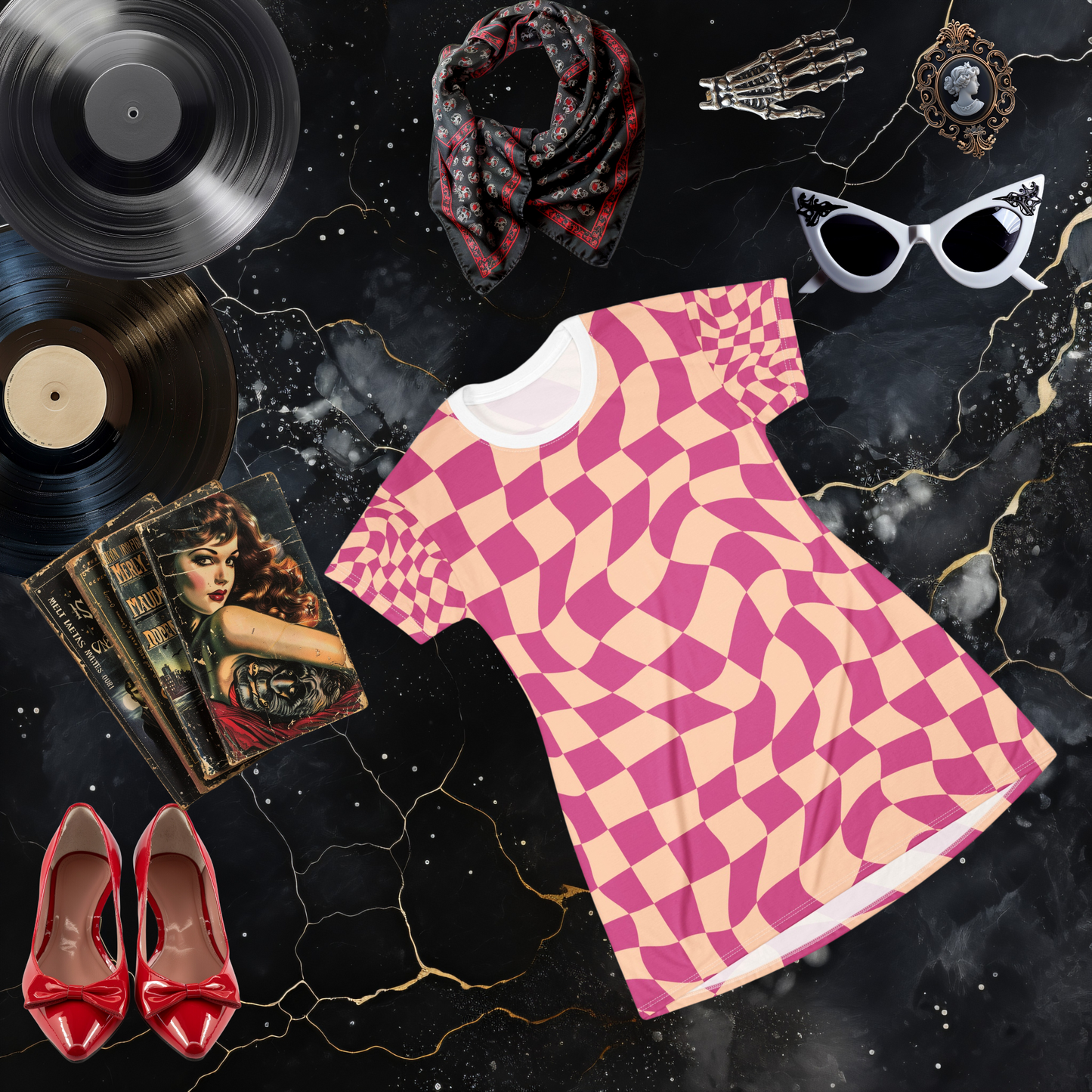 Pink Psychedelic Checkerboard  T-Shirt Dress