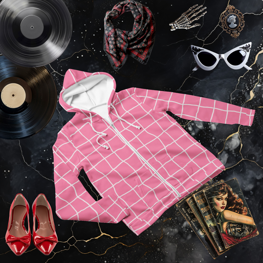 Y2K Pink and White Grid Zip Hoodie