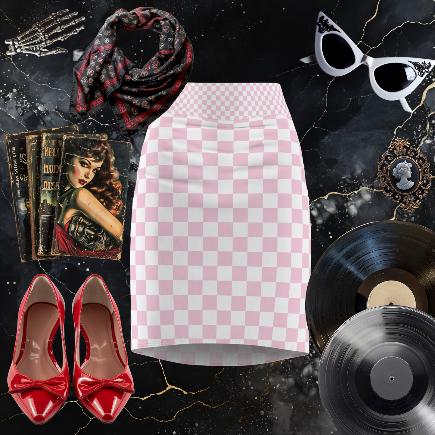 Pink and White Checkerboard Pencil Skirt