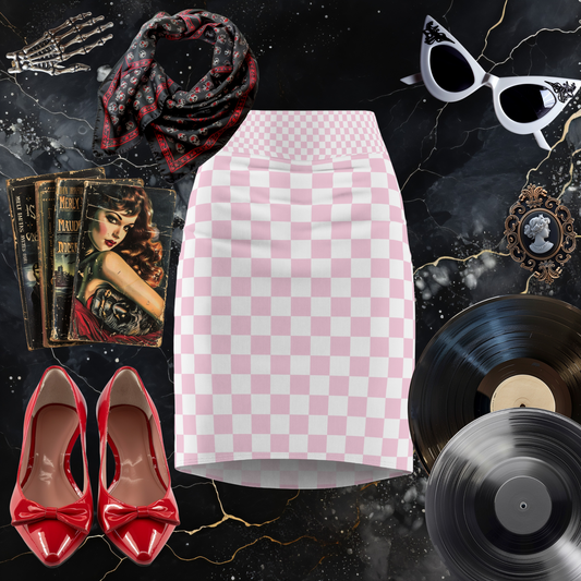 Pink and White Checkerboard Pencil Skirt