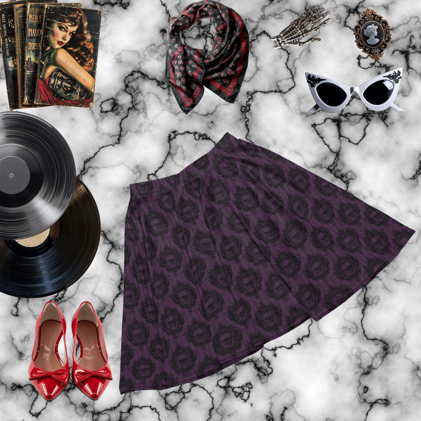 Purple Skull Damask Skater Skirt