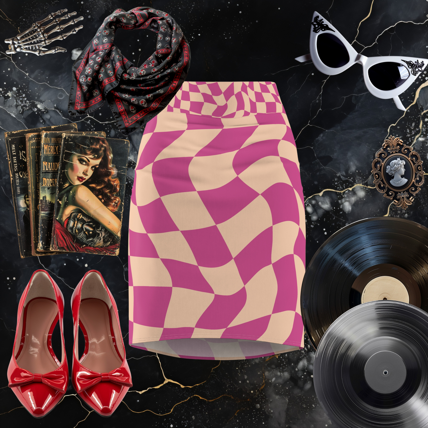Pink Psychedelic Checkerboard Pencil Skirt