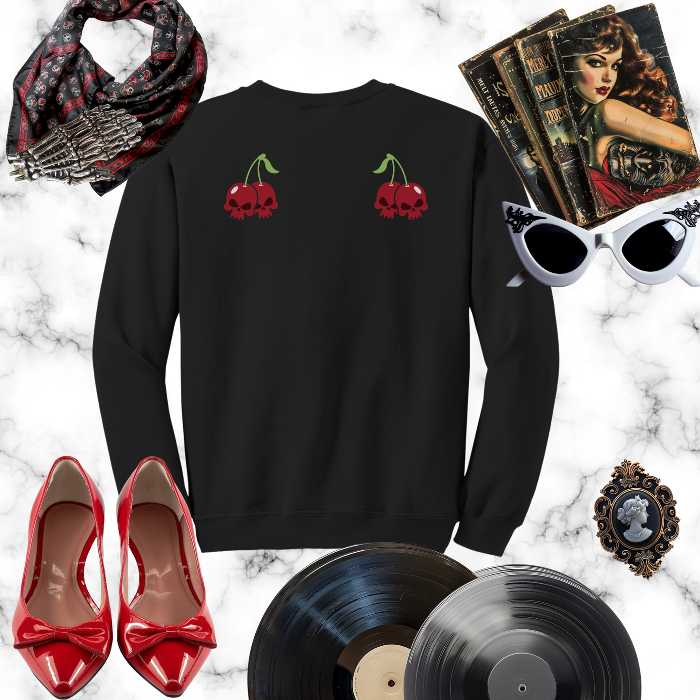 Cherry Skulls Gothabilly Drop Shoulder Sweatshirt