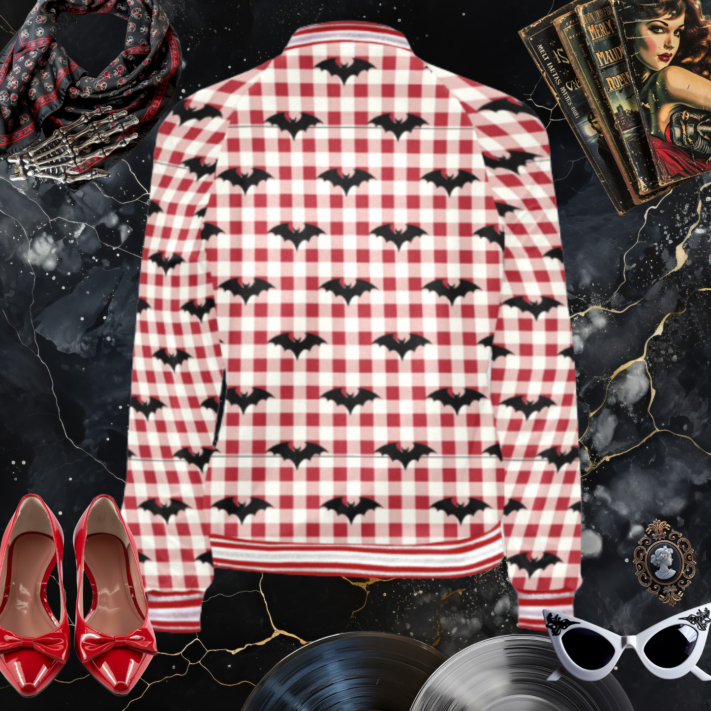 Gothic Gingham Bat Charm Varsity Jacket