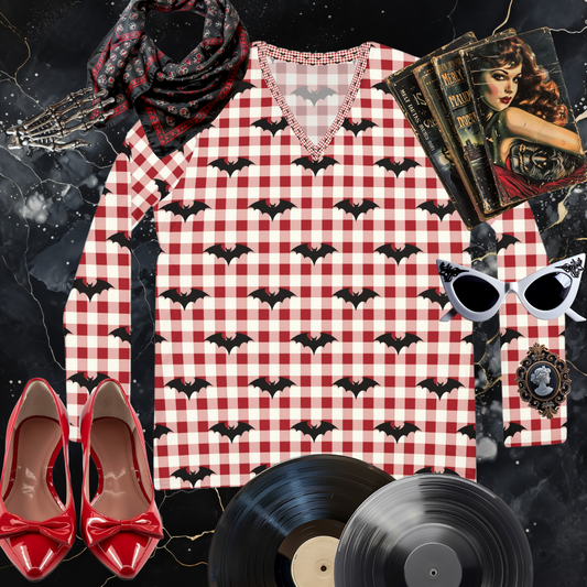 Gothic Gingham Bat Charm Long Sleeve V-neck Shirt