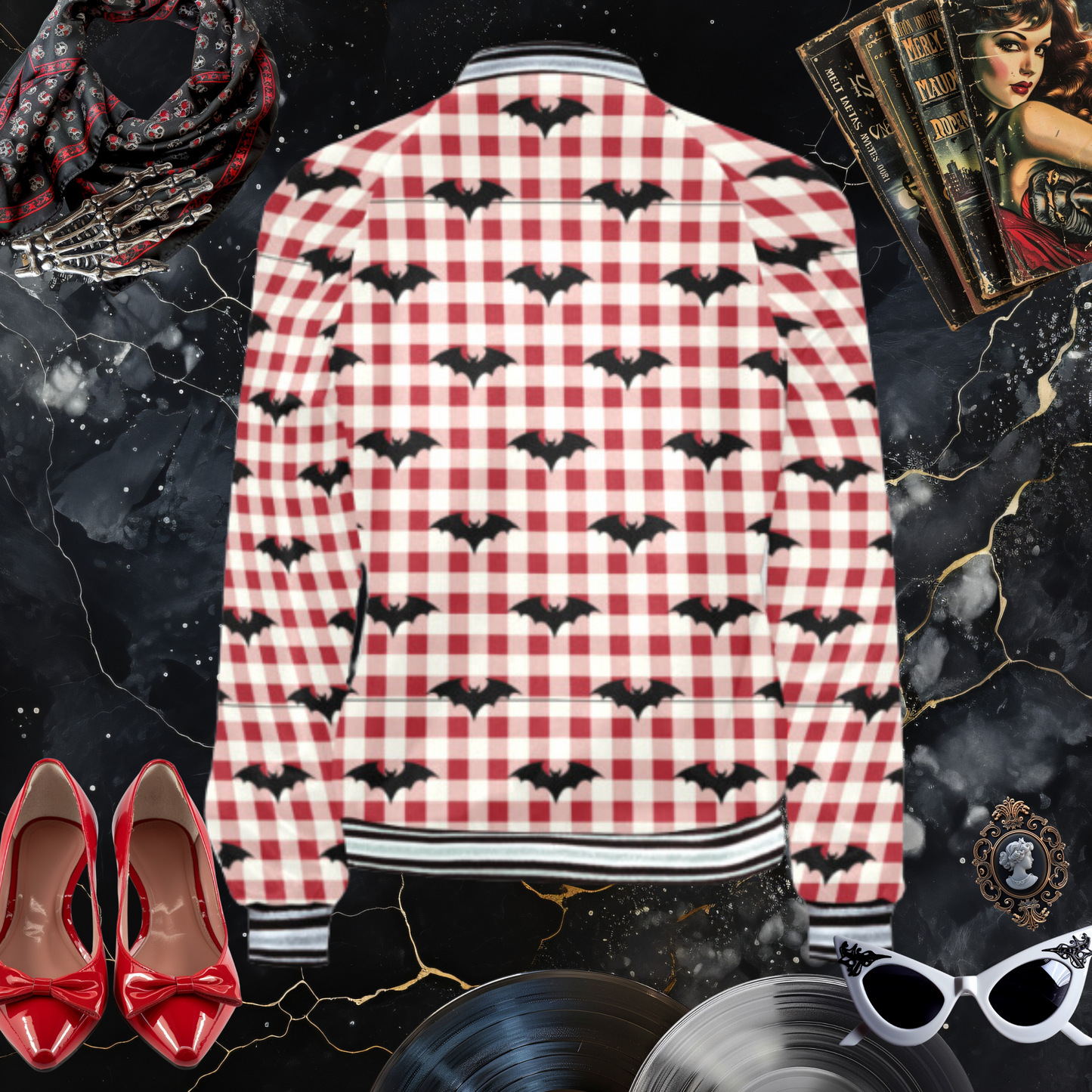 Gothic Gingham Bat Charm Varsity Jacket
