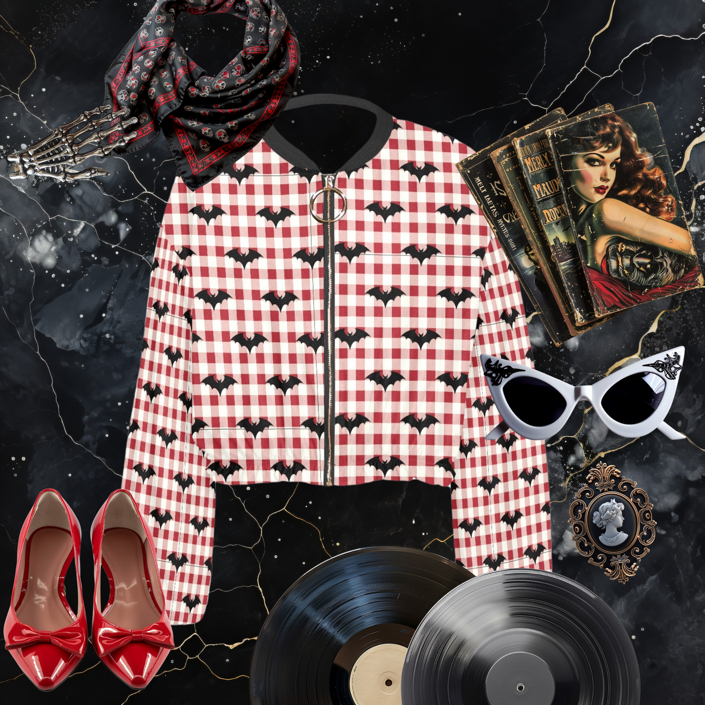 Gothic Gingham Bat Charm Cropped Chiffon Jacket