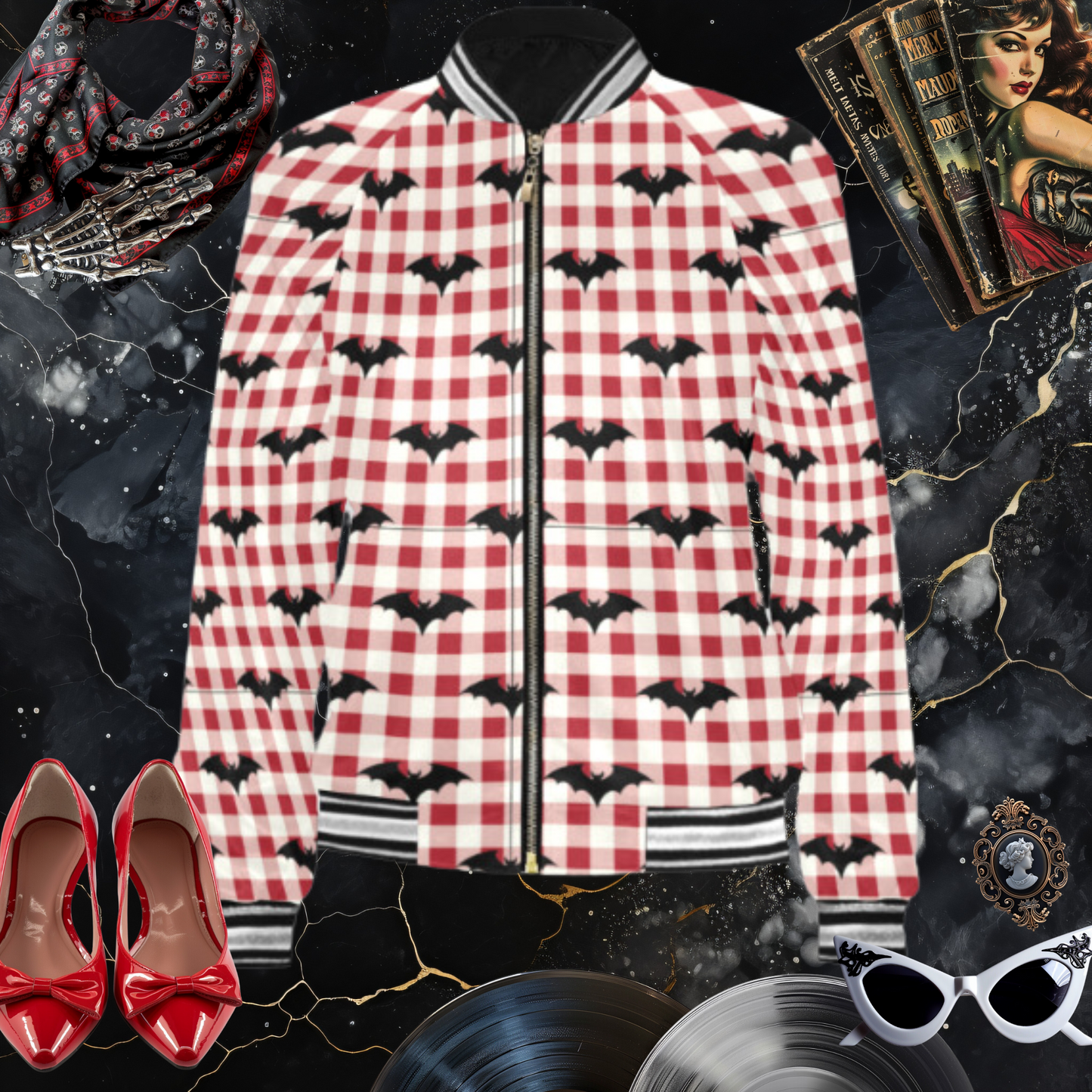 Gothic Gingham Bat Charm Varsity Jacket